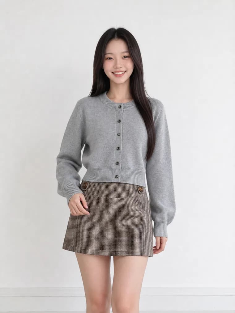 흰 스튜디오에서 촬영한 그레이 크롭 카디건 모델컷