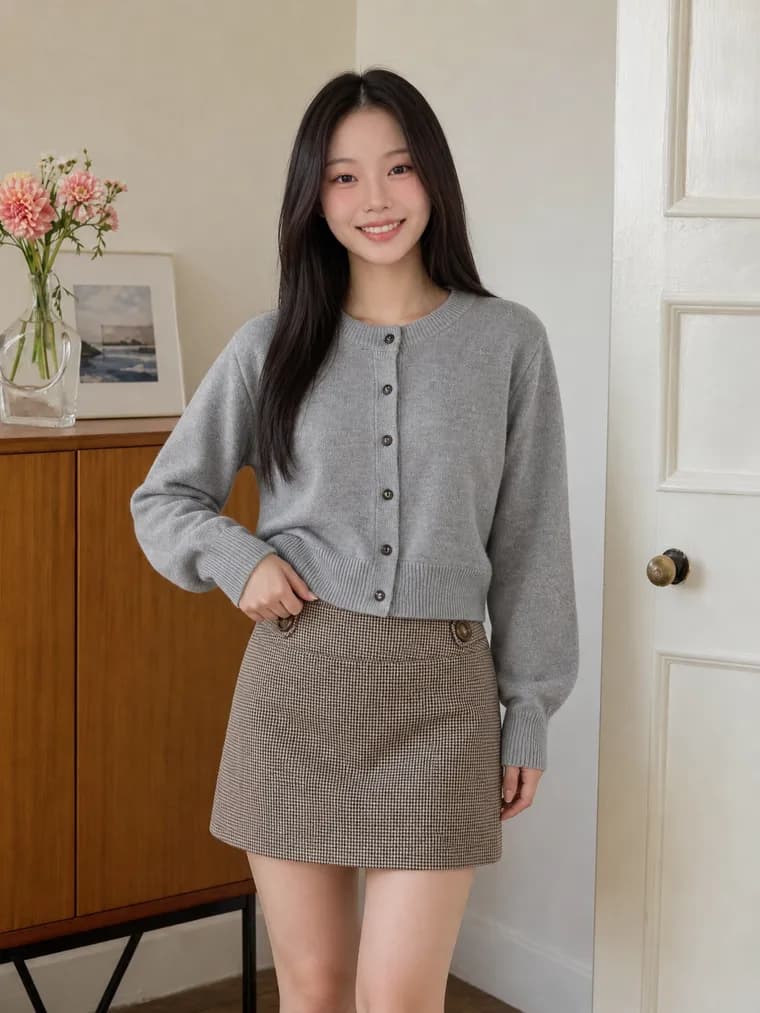 빈티지 룸에서 촬영한 같은 그레이 크롭 카디건 모델컷